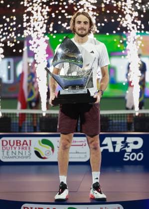Stefanos Tsitsipas, with the cup, trophy, award ceremony, presentation, Dubai Duty Free Tennis Championships, Dubai, U A E Tennis Dubai Tennis Championships 2024 ATP Dubai Duty Free Tennis Stadium Dubai United Arab Emirates 1 March 2025 Copyright: xJuergenxHasenkopfx