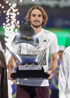 Stefanos Tsitsipas, with the cup, trophy, award ceremony, presentation, Dubai Duty Free Tennis Championships, Dubai, U A E Tennis Dubai Tennis Championships 2024 ATP Dubai Duty Free Tennis Stadium Dubai United Arab Emirates 1 March 2025 Copyright: xJuergenxHasenkopfx