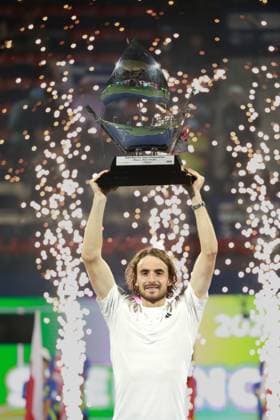 Stefanos Tsitsipas, with the cup, trophy, award ceremony, presentation, Dubai Duty Free Tennis Championships, Dubai, U A E Tennis Dubai Tennis Championships 2024 ATP Dubai Duty Free Tennis Stadium Dubai United Arab Emirates 1 March 2025 Copyright: xJuergenxHasenkopfx