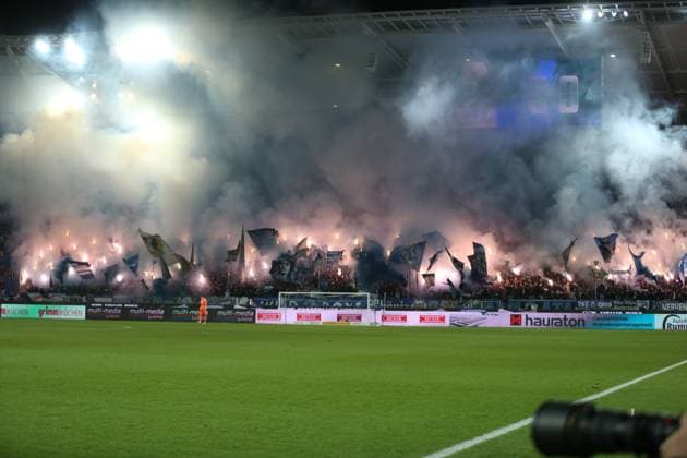 01 03 2025, xrekx, Soccer 2 Bundesliga, Karlsruher SC 1 FC Köln v l KSC Pyrotechnics Fans ,Atmosphere, Scarves, Shirt, Flag, Banner, Ultras, Spectators, Visitors, Choreo, Choreography, atmosphere, spectators, Visitors DFL DFB REGULATIONS PROHIBIT ANY USE OF PHOTOGRAPHS as IMAGE SEQUENCES and or QUASI VIDEO Karlsruhe
