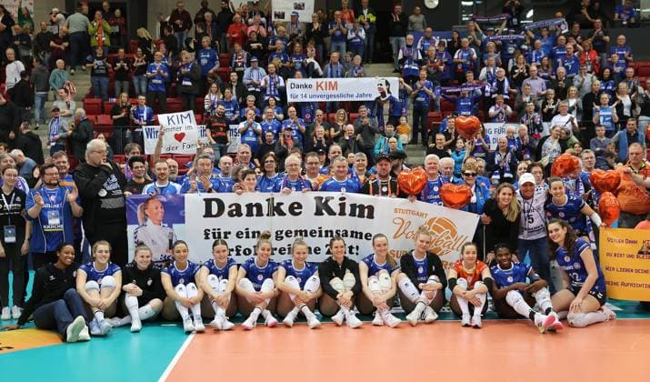 Stuttgart , Volleyball Bundesliga Women, Allianz MTV Stuttgart vs SC Potsdam , Farewell to Kim Renkema on the right next to the banner