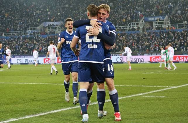 01 03 2025, xmohx, Soccer 2 Bundesliga, Karlsruher SC 1 FC Köln v l Christoph Kobald Karlsruhe celebrates the 1 0 together with Mikkel Kaufmann DFL DFB REGULATIONS PROHIBIT ANY USE OF PHOTOGRAPHS as IMAGE SEQUENCES and or QUASI VIDEO Karlsruhe