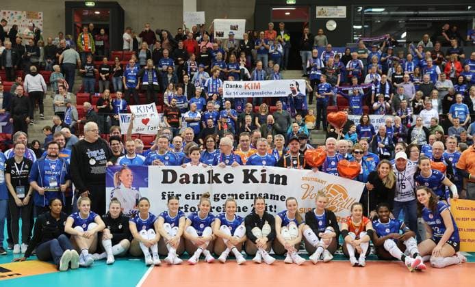 Stuttgart , Volleyball Bundesliga Women, Allianz MTV Stuttgart vs SC Potsdam , Farewell Kim Renkema right next to banner