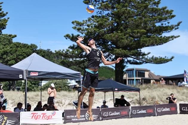 GJ Gardner Beach volleyball, Beachvolleyball mens final Andre Stein during the GJ Gardner beach volleyball mens final at Main Beach in Mt Maunganui, Tauranga, New Zealand on Sunday March 02, 2025. Mt Maunganui, Tauranga Main Beach BOP New Zealand Copyright: xAaronxGillionsx 20250302Vollyball_015