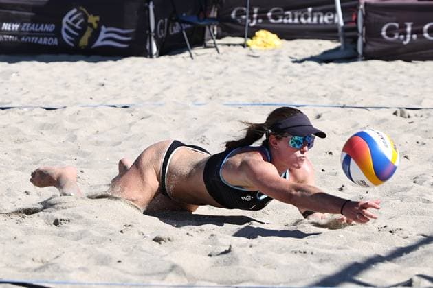 GJ Gardner Beach volleyball, Beachvolleyball womens final Shaunna Polley during the GJ Gardner beach volleyball womens final at Main Beach in Mt Maunganui, Tauranga, New Zealand on Sunday March 02, 2025. Mt Maunganui, Tauranga Main Beach BOP New Zealand Copyright: xAaronxGillionsx 20250302Vollyball_061