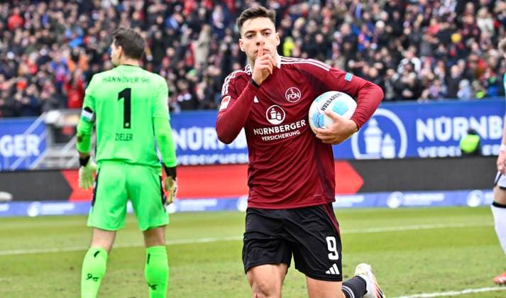 01 03 2025 Soccer Season 2024 2025 2 Soccer Bundesliga 24 Matchday 1 FC Nürnberg FCN Club Hannover 96 H96 Sportfoto Zink xwoxzix DFL regulations prohibit any use of photographs as image sequences and or quasi video only for editorial use Torjubel Jubel nach Treffer Torschuß zum 1 0 durch Stefanos Tzimas 9, 1 FC Nürnberg FCN