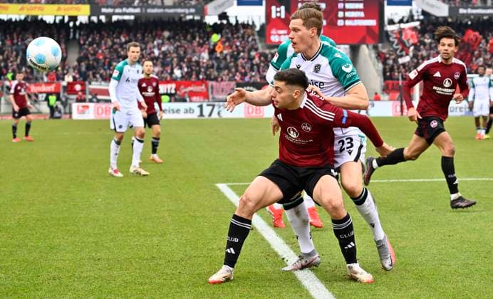 01 03 2025 Soccer Season 2024 2025 2 Soccer Bundesliga 24 Matchday 1 FC Nürnberg FCN Club Hannover 96 H96 Sportfoto Zink xwoxzix DFL regulations prohibit any use of photographs as image sequences and or quasi video only for editorial use Stefanos Tzimas 9, 1 FC Nürnberg FCN vor Marcel Halstenberg 23, Hannover 96 H96