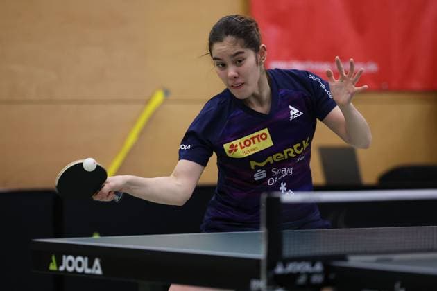 2025 03 01 Table tennis women 1 Bundesliga TSV 1909 Langstadt TTC 1946 Weinheim v l , Franziska Schreiner TSV Langstadt Table tennis women 1 Bundesliga plays a forehand Copyright: JoaquimxFerreira