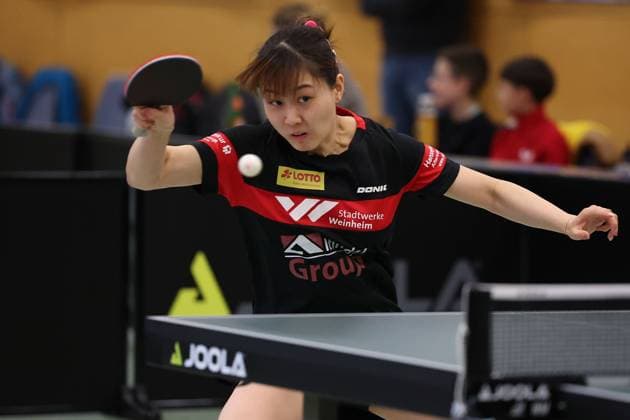 2025 03 01 Table tennis women 1 Bundesliga TSV 1909 Langstadt TTC 1946 Weinheim v l , Weishan Liu TTC 1946 Weinheim Table tennis women 1 Bundesliga plays a forehand Copyright: JoaquimxFerreira