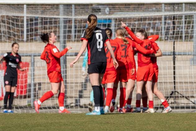 02 03 2025, xhfmx, Soccer 2 Bundesliga, Eintracht Frankfurt FC Bayern München II The women of FC Bayern München celebrate the 2 0 by Melina Hoffmann 29 FC Bayern München U20 Veronika Litzlfelder 22 FC Bayern München U20 , Sarah Ernst 10 FC Bayern München U20 , Laura Gloning 27 FC Bayern München U20 DFL DFB REGULATIONS PROHIBIT ANY USE OF PHOTOGRAPHS as IMAGE SEQUENCES and or QUASI VIDEO Frankfurt am Main