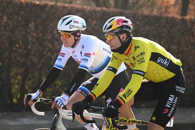 Kuurne - Brussel - Kuurne 2025 cycling race KUURNE, BELGIUM - MARCH 02 : Merlier Tim (BEL) of Soudal - Quick Step and Van Aert Wout (BEL) of Team Visma - Lease a Bike during the Men Elite UCI 1.Pro 77th Kuurne - Brussel - Kuurne cycling race of 203 kms with start in Kortrijk and finish in Kuurne on March 02, 2025 in Kuurne, Belgium, 02 03 2025 ( Motordriver Kenny Verfaillie & Kuurne Belgium  Copyright: xTomasxSiskx
