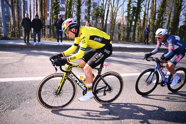 Kuurne - Brussel - Kuurne 2025 cycling race KUURNE, BELGIUM - MARCH 02 : Van Aert Wout (BEL) of Team Visma I Lease a Bike, Dillier Silvan (SUI) of Alpecin - Deceuninck during the Men Elite UCI 1.Pro 77th Kuurne - Brussel - Kuurne cycling race of 203 kms with start in Kortrijk and finish in Kuurne on March 02, 2025 in Kuurne, Belgium, 02 03 2025 ( Motordriver Kenny Verfaillie & Kuurne Belgium  Copyright: xTomasxSiskx