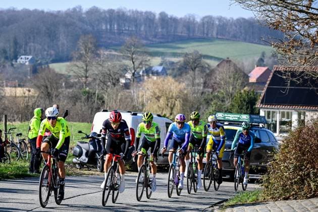 The breakaway group pictured in action during the Kuurne-Brussels-Kuurne one day cycling race, 196,9 km from Kuurne to Kuurne via Brussels, Sunday 02 March 2025. DIRKxWAEM  x114002407x