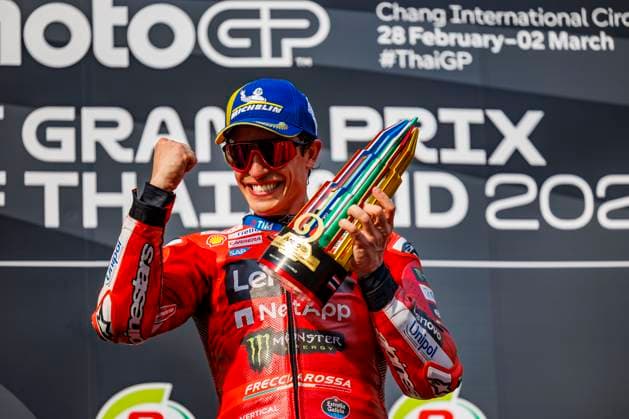 Sport Bilder des Tages 2nd March 2025; Chang International Circuit, Buriram, Thailand; 2025 MotoGP PT Grand Prix of Thailand, Race Day; Number 93 Ducati Lenovo Team rider Marc Marquez on the podium after the race at the Thailand MotoGP  ActionPlus12756413 StephenxBlackberry