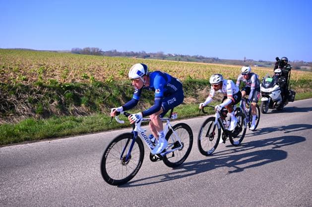 Kuurne - Brussel - Kuurne 2025 cycling race KUURNE, BELGIUM - MARCH 02 : Askey Lewis (GBR) of Groupama - FDJ leading the 2nd escape pack, 154= and Kielich Timo (BEL) of Alpecin - Deceuninck during the Men Elite UCI 1.Pro 77th Kuurne - Brussel - Kuurne cycling race of 203 kms with start in Kortrijk and finish in Kuurne on March 02, 2025 in Kuurne, Belgium, 02 03 2025 ( Motordriver Kenny Verfaillie & Kuurne Belgium  Copyright: xTomasxSiskx