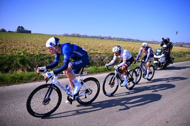 Kuurne - Brussel - Kuurne 2025 cycling race KUURNE, BELGIUM - MARCH 02 : Askey Lewis (GBR) of Groupama - FDJ leading the 2nd escape pack, 154= and Kielich Timo (BEL) of Alpecin - Deceuninck during the Men Elite UCI 1.Pro 77th Kuurne - Brussel - Kuurne cycling race of 203 kms with start in Kortrijk and finish in Kuurne on March 02, 2025 in Kuurne, Belgium, 02 03 2025 ( Motordriver Kenny Verfaillie & Kuurne Belgium  Copyright: xTomasxSiskx