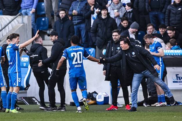 Goal celebration Goalscorer Xavier Amaechi 1 FC Magdeburg,20 scores to 1 1 with coach Christian Titz 1 FC Magdeburg 2 Soccer Bundesliga Season 2024 2025 1 FC Magdeburg vs SV Darmstadt 98 at the Avnet Arena in Magdeburg Action,Soccer,Man,Men,Germany,02 03 2025