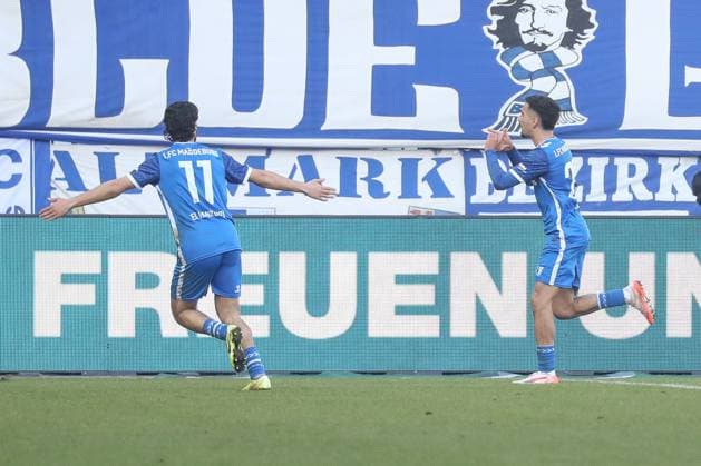 02 03 2025, xgox, Fussball 2 Bundesliga, 1 FC Magdeburg SV Darmstadt 98 emspor, v l Magdeburg Jubel, Torjubel, jubelt ueber das Tor, celebrate the goal, celebration DFL DFB REGULATIONS PROHIBIT ANY USE OF PHOTOGRAPHS as IMAGE SEQUENCES and or QUASI VIDEO Magdeburg