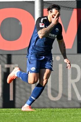 Paderborn, Home Deluxe Arena, 02 03 25, GER, Herren, 2 Bundesliga, Saison 2024 2025, SC Paderborn 07 Hamburger SV Bild Adriano GRIMALDI Paderborn jubilates after his goal for 2 0 DFL regulations prohibit any use of photographs as image sequences and or quasi video NRW Germany
