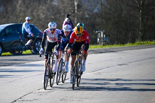 Kuurne - Brussel - Kuurne 2025 cycling race KUURNE, BELGIUM - MARCH 02 : Wellens Tim (BEL) of UAE Team Emirates - XRG and Askey Lewis (GBR) of Groupama - FDJ in action during the Men Elite UCI 1.Pro 77th Kuurne - Brussel - Kuurne cycling race of 203 kms with start in Kortrijk and finish in Kuurne on March 02, 2025 in Kuurne, Belgium, 02 03 2025 ( Motordriver Kenny Verfaillie & Kuurne Belgium  Copyright: xTomasxSiskx
