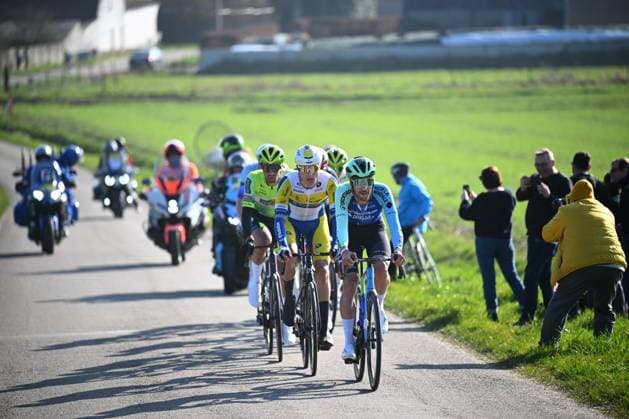 Kuurne - Brussel - Kuurne 2025 cycling race KUURNE, BELGIUM - MARCH 02 : De Bondt Dries (BEL) of Decathlon AG2R La Mondiale Team leading the escape pack during the Men Elite UCI 1.Pro 77th Kuurne - Brussel - Kuurne cycling race of 203 kms with start in Kortrijk and finish in Kuurne on March 02, 2025 in Kuurne, Belgium, 02 03 2025 ( Motordriver Kenny Verfaillie & Kuurne Belgium  Copyright: xTomasxSiskx