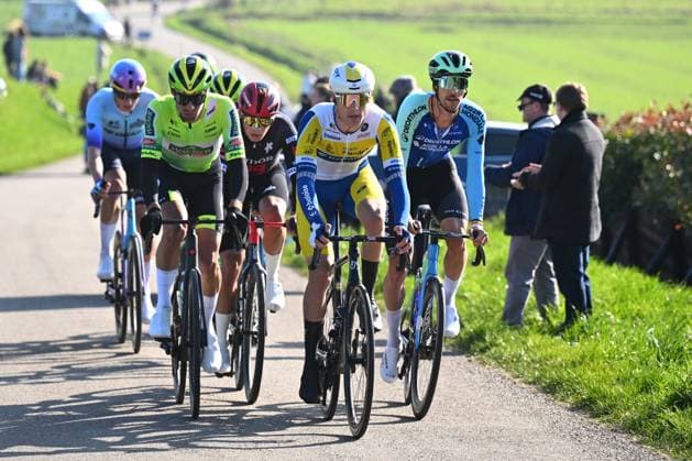Kuurne - Brussel - Kuurne 2025 cycling race KUURNE, BELGIUM - MARCH 02 : De Bondt Dries (BEL) of Decathlon AG2R La Mondiale Team, Vanhoof Ward (BEL) of Team Flanders - Baloise in the escape pack during the Men Elite UCI 1.Pro 77th Kuurne - Brussel - Kuurne cycling race of 203 kms with start in Kortrijk and finish in Kuurne on March 02, 2025 in Kuurne, Belgium, 02 03 2025 ( Motordriver Kenny Verfaillie & Kuurne Belgium  Copyright: xTomasxSiskx