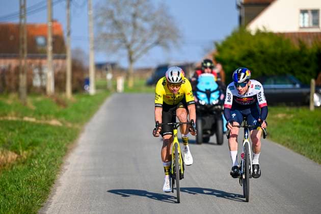 Kuurne - Brussel - Kuurne 2025 cycling race KUURNE, BELGIUM - MARCH 02 : Adria Roger (ESP) of Red Bull BORA - Hansgrohe and Van Aert Wout (BEL) of Team Visma - Lease a Bike attacking during the Men Elite UCI 1.Pro 77th Kuurne - Brussel - Kuurne cycling race of 203 kms with start in Kortrijk and finish in Kuurne on March 02, 2025 in Kuurne, Belgium, 02 03 2025 ( Motordriver Kenny Verfaillie & Kuurne Belgium  Copyright: xTomasxSiskx
