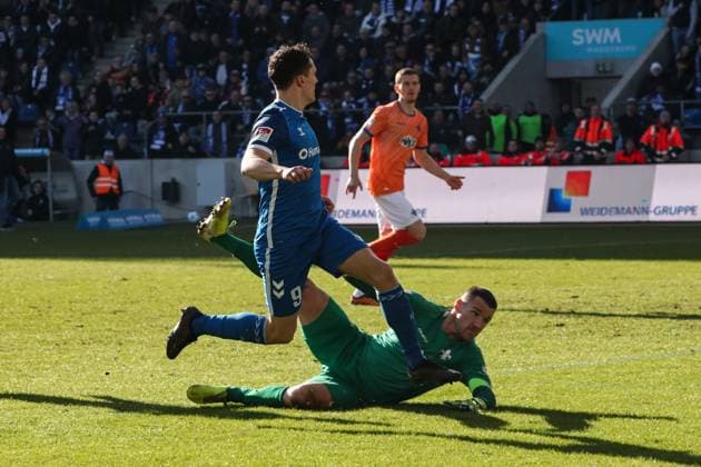 Goalscorer Martijn Kaars 1 FC Magdeburg,9 scores to 4 1 2 Soccer Bundesliga Season 2024 2025 1 FC Magdeburg vs SV Darmstadt 98 at the Avnet Arena in Magdeburg Action,Soccer,Man,Men,Germany,02 03 2025