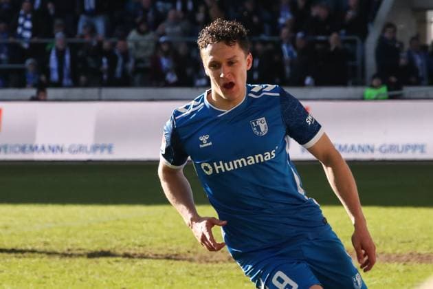 Goalscorer Martijn Kaars 1 FC Magdeburg,9 scores for 4 1 2 Soccer Bundesliga Season 2024 2025 1 FC Magdeburg vs SV Darmstadt 98 at the Avnet Arena in Magdeburg Action,Soccer,Man,Men,Germany,02 03 2025