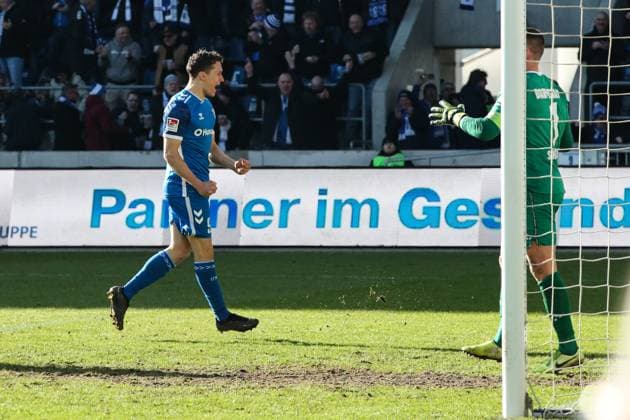 Goalscorer Martijn Kaars 1 FC Magdeburg,9 scores for 4 1 2 Soccer Bundesliga Season 2024 2025 1 FC Magdeburg vs SV Darmstadt 98 at the Avnet Arena in Magdeburg Action,Soccer,Man,Men,Germany,02 03 2025