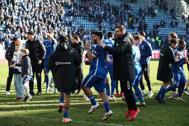 Abu Bekir Ömer El Zein M ,1 FC Magdeburg,14 celebrates with co-coach Andreas Schumacher 1 FC Magdeburg and Livan Burcu 1 FC Magdeburg,29 in front of the fan block 2 Football Bundesliga Season 2024 2025 1 FC Magdeburg vs SV Darmstadt 98 at the Avnet Arena in Magdeburg Action,Football,Man,Men,Germany,02 03 2025