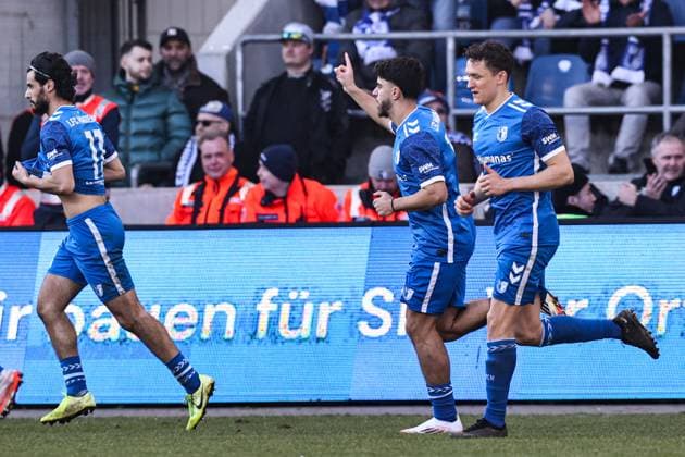 Goalscorer Abu Bekir Ömer El Zein 1 FC Magdeburg,14 scores to 3 1 with Martijn Kaars r ,1 FC Magdeburg,9 2 Soccer Bundesliga Season 2024 2025 1 FC Magdeburg vs SV Darmstadt 98 at the Avnet Arena in Magdeburg Action,Soccer,Man,Men,Germany,02 03 2025