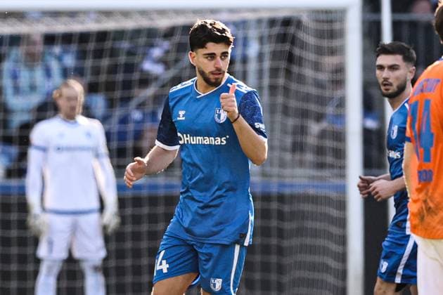Goalscorer Abu Bekir Ömer El Zein 1 FC Magdeburg,14 scores for 3 1 2 Soccer Bundesliga Season 2024 2025 1 FC Magdeburg vs SV Darmstadt 98 at the Avnet Arena in Magdeburg Action,Soccer,Man,Men,Germany,02 03 2025