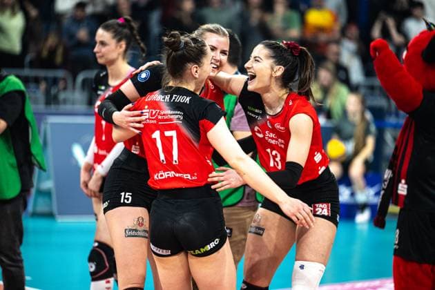 Joy for Lorena Lorber Fijok Dresdner SC 17 and Stamatia Kyparissi Dresdner SC 13 after winning the DVV Cup Final 2025 in the SAP Arena, Mannheim Copyright: HMBxMedia JonasxDinger