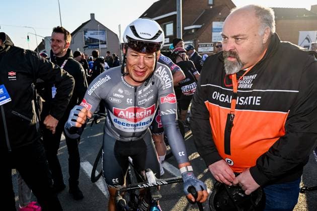 Belgian Jasper Philipsen of Alpecin-Deceuninck celebrates after winning the Kuurne-Brussels-Kuurne one day cycling race, 196,9 km from Kuurne to Kuurne via Brussels, Sunday 02 March 2025. DIRKxWAEM  x114023028x