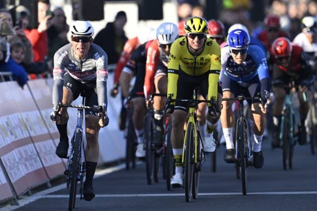 Kuurne - Brussel - Kuurne 2025 cycling race KUURNE, BELGIUM - MARCH 02 : Kooij Olav (NED) of Team Visma - Lease a Bike, Philipsen Jasper (BEL) of Alpecin-Deceuninck at the finish line during the Men Elite UCI 1.Pro 77th Kuurne - Brussel - Kuurne cycling race of 203 kms with start in Kortrijk and finish in Kuurne on March 02, 2025 in Kuurne, Belgium, 02 03 2025 Kuurne Belgium  Copyright: xNicoxVereeckenx