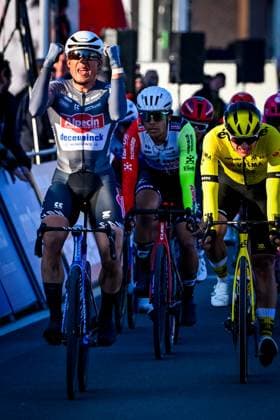 Belgian Jasper Philipsen of Alpecin-Deceuninck celebrates as he crosses the finish line to win the Kuurne-Brussels-Kuurne one day cycling race, 196,9 km from Kuurne to Kuurne via Brussels, Sunday 02 March 2025. ERICxLALMAND  x114023574x