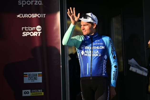 Kuurne - Brussel - Kuurne 2025 cycling race KUURNE, BELGIUM - MARCH 02 : Bissegger Stefan (SUI) of Decathlon AG2R La Mondiale Team on the podium during the Men Elite UCI 1.Pro 77th Kuurne - Brussel - Kuurne cycling race of 203 kms with start in Kortrijk and finish in Kuurne on March 02, 2025 in Kuurne, Belgium, 02 03 2025 ( Motordriver Kenny Verfaillie & Kuurne Belgium  Copyright: xTomasxSiskx