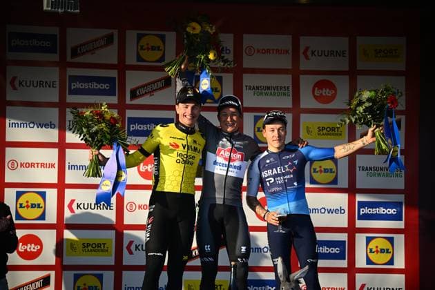 Kuurne - Brussel - Kuurne 2025 cycling race KUURNE, BELGIUM - MARCH 02 : Philipsen Jasper (BEL) of Alpecin-Deceuninck, Kooij Olav (NED) of Team Visma - Lease a Bike, Hofstetter Hugo (SUI) of Israel - Premier Tech on the podium during the Men Elite UCI 1.Pro 77th Kuurne - Brussel - Kuurne cycling race of 203 kms with start in Kortrijk and finish in Kuurne on March 02, 2025 in Kuurne, Belgium, 02 03 2025 ( Motordriver Kenny Verfaillie & Kuurne Belgium  Copyright: xTomasxSiskx