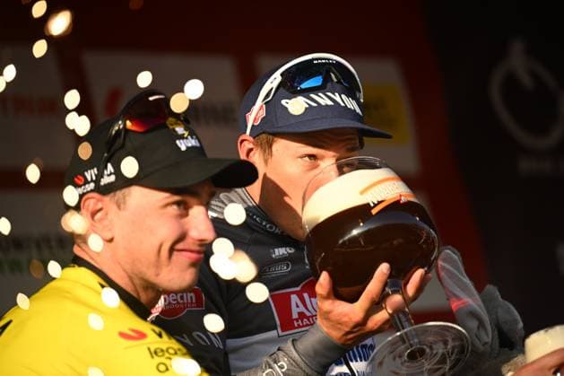 Kuurne - Brussel - Kuurne 2025 cycling race KUURNE, BELGIUM - MARCH 02 : Philipsen Jasper (BEL) of Alpecin-Deceuninck, Kooij Olav (NED) of Team Visma - Lease a Bike on the podium during the Men Elite UCI 1.Pro 77th Kuurne - Brussel - Kuurne cycling race of 203 kms with start in Kortrijk and finish in Kuurne on March 02, 2025 in Kuurne, Belgium, 02 03 2025 ( Motordriver Kenny Verfaillie & Kuurne Belgium  Copyright: xTomasxSiskx