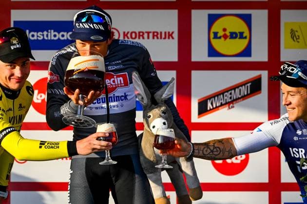 Dutch Olav Kooij of Team Visma-Lease a Bike, Belgian Jasper Philipsen of Alpecin-Deceuninck and French Hugo Hofstetter of Israel-Premier Tech pictured on the podium after the Kuurne-Brussels-Kuurne one day cycling race, 196,9 km from Kuurne to Kuurne via Brussels, Sunday 02 March 2025. ERICxLALMAND  x114027506x