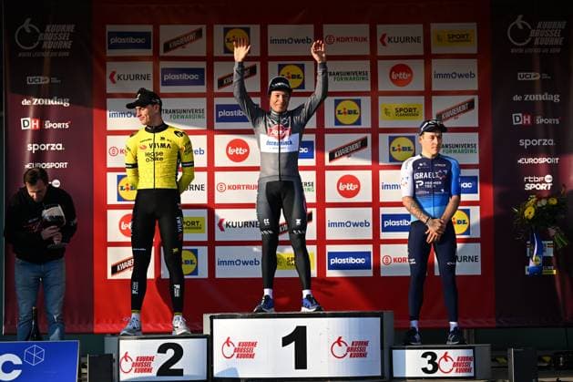 Kuurne - Brussel - Kuurne 2025 cycling race KUURNE, BELGIUM - MARCH 02 : Philipsen Jasper (BEL) of Alpecin-Deceuninck, Kooij Olav (NED) of Team Visma - Lease a Bike, Hofstetter Hugo (SUI) of Israel - Premier Tech on the podium during the Men Elite UCI 1.Pro 77th Kuurne - Brussel - Kuurne cycling race of 203 kms with start in Kortrijk and finish in Kuurne on March 02, 2025 in Kuurne, Belgium, 02 03 2025 ( Motordriver Kenny Verfaillie & Kuurne Belgium  Copyright: xTomasxSiskx