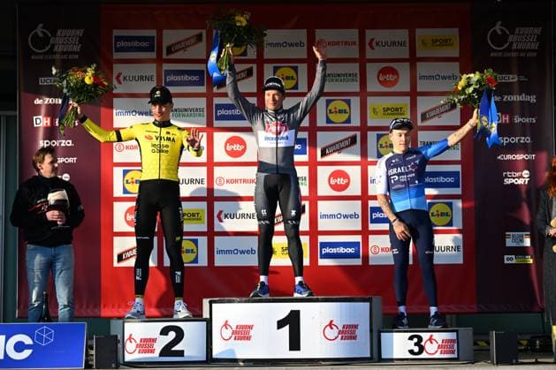 Kuurne - Brussel - Kuurne 2025 cycling race KUURNE, BELGIUM - MARCH 02 : Philipsen Jasper (BEL) of Alpecin-Deceuninck, Kooij Olav (NED) of Team Visma - Lease a Bike, Hofstetter Hugo (SUI) of Israel - Premier Tech on the podium during the Men Elite UCI 1.Pro 77th Kuurne - Brussel - Kuurne cycling race of 203 kms with start in Kortrijk and finish in Kuurne on March 02, 2025 in Kuurne, Belgium, 02 03 2025 ( Motordriver Kenny Verfaillie & Kuurne Belgium  Copyright: xTomasxSiskx