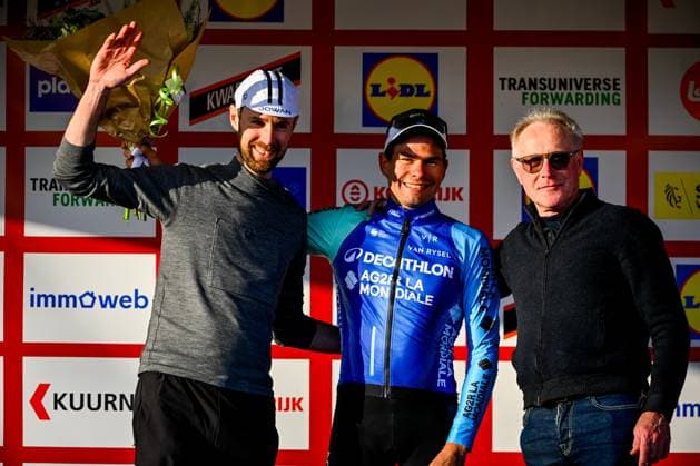 Swiss Stefan Bissegger of Decathlon AG2R La Mondiale Team pictured on the podium after the Kuurne-Brussels-Kuurne one day cycling race, 196,9 km from Kuurne to Kuurne via Brussels, Sunday 02 March 2025. ERICxLALMAND  x114029063x