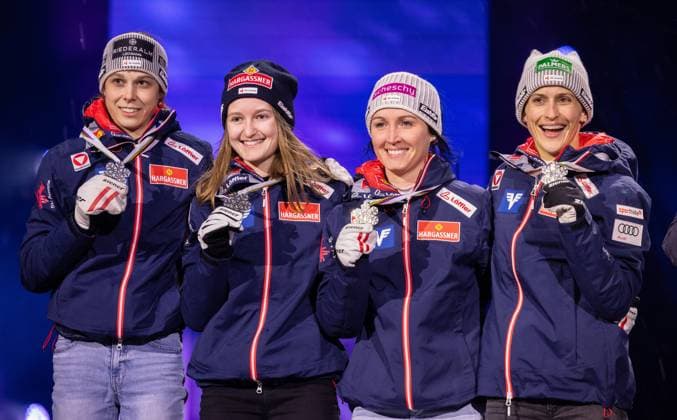 NORDIC SKIING - FIS Nordic WC Trondheim 2025 TRONDHEIM,NORWAY,02.MAR.25 - NORDIC SKIING, Ski jumping, Skispringen, Ski, nordisch - FIS Nordic World Ski Championships, normal hill, team, ladies, medal plaza, award ceremony. Image shows Lisa Eder, Julia Muehlbacher, Jacqueline Seifriedsberger and Eva Pinkelnig (AUT). Keywords: medals. GEPAxpictures xHaraldxSteiner