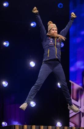 NORDIC SKIING - FIS Nordic WC Trondheim 2025 TRONDHEIM,NORWAY,02.MAR.25 - NORDIC SKIING, CROSS COUNTRY SKIING - FIS Nordic World Ski Championships, 20km Skiathlon, ladies, medal plaza, award ceremony. Image shows the rejoicing of Ebba Andersson (SWE).  GEPAxpictures xHaraldxSteiner