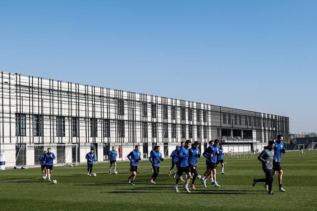Club s players pictured during a training session of Belgian soccer Club Brugge KV, Monday 03 March 2025 in Brugge. Tomorrow, they will play against English club Aston Villa, on the first leg of the 1 8 finals of the UEFA Champions League knockout phase. BRUNOxFAHY  x114156165x