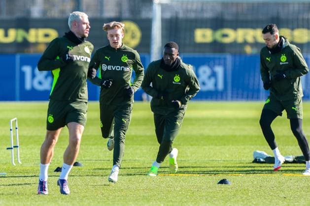 03 03 2025, Final training session for the UEFA Champions League match between Borussia Dortmund and OSC Lille, from l Julian Ryerson Borussia Dortmund , Daniel Svensson Borussia Dortmund , Serhou Guirassy Borussia Dortmund , Ramy Bensebaini Borussia Dortmund , Dortmund training ground Borussia Dortmund NRW Germany xRHR PHOTO DEx Copyright: DennisxEwert RHR-FOTOx RHR-FOTO DE