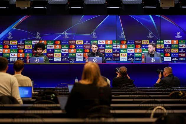 03 03 2025, Press conference for the UEFA Champions League match between Borussia Dortmund and OSC Lille, f l Karim Adeyemi Borussia Dortmund coach Niko Kovac Borussia Dortmund , press spokesman Sven Westerschulze Borussia Dortmund , Dortmund Signal Iduna Park NRW Germany xRHR PHOTO DEx Copyright: DennisxEwert RHR-FOTOx RHR-FOTO DE