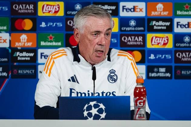 UEFA Champions League 2024 25 Round of 16 First Leg: Real Madrid CF Training Session and press conference, PK, Pressekonferenz Carlo Ancelotti, head coach of Real Madrid CF, seen speaking during the UEFA Champions League 2024 25 League Round of 16 First Leg Training Session And Press Conference at Ciudad Real Madrid on March 03, 2025 in Valdebebas, Spain. Valdebebas Ciudad Real Madrid Madrid Spain Copyright: xAlbertoxGardinx AGardin_20250303_Champ_Real_Madrid_PC_0166